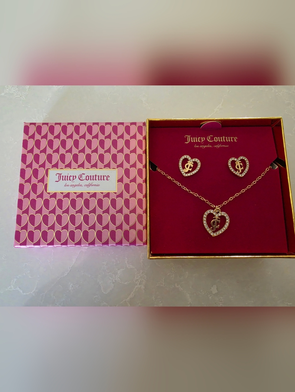 Juicy Couture Authentic Set - Gold Heart Logo Necklace & Stud Earrings